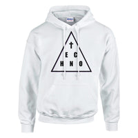 Heavenly Techno Angels unisex streetwear hoodie featuring cloud DJ girls graphic with techno rave theme and “we are spinning techno up here” design