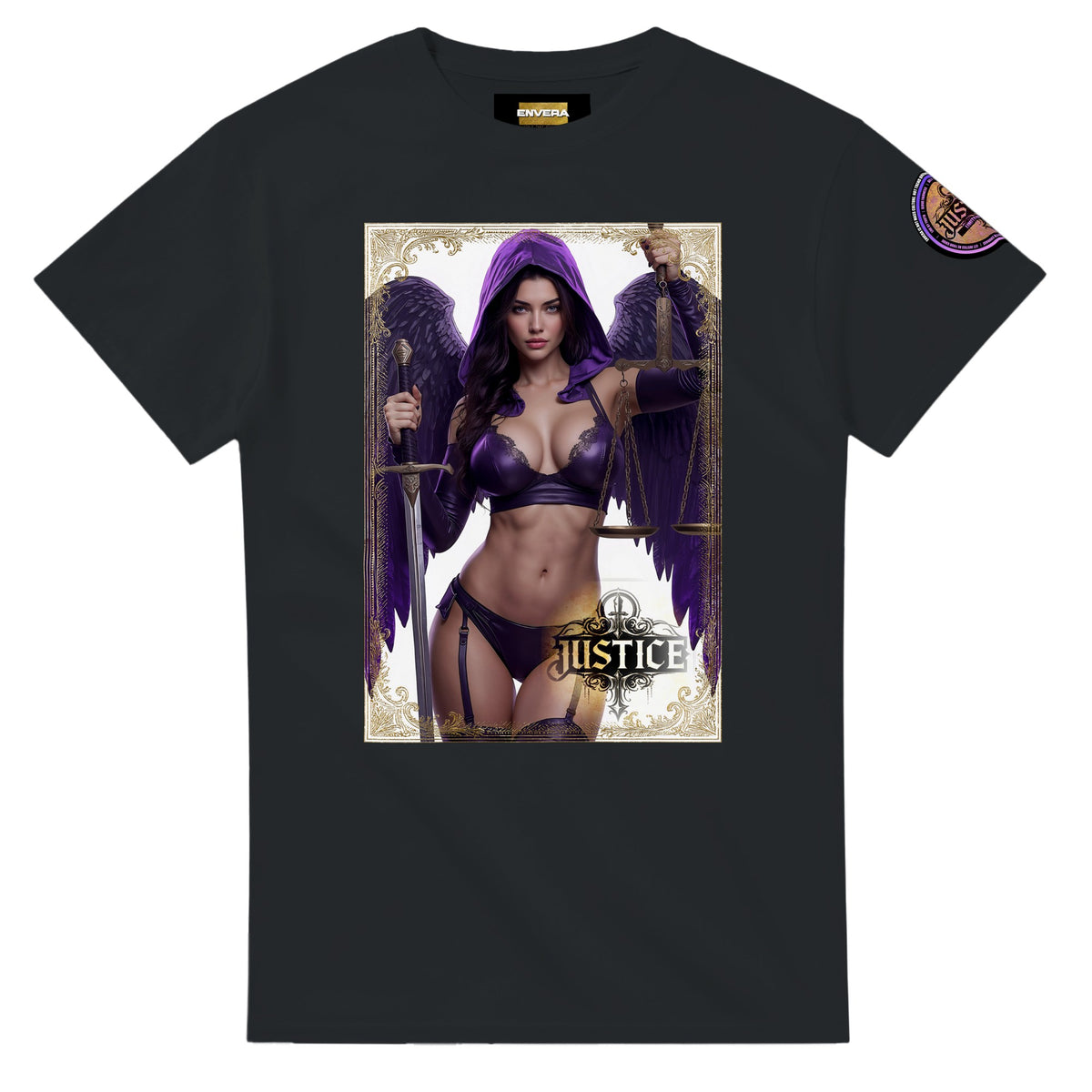 Justice Angel unisex T-shirt featuring a brunette female winged angel with sword and scales in a detailed bold graphic design