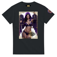 Justice Angel unisex T-shirt featuring a brunette female winged angel with sword and scales in a detailed bold graphic design
