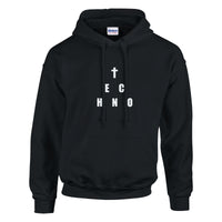 Heavenly Techno Angels unisex streetwear hoodie featuring cloud DJ girls graphic with techno rave theme and “we are spinning techno up here” design
