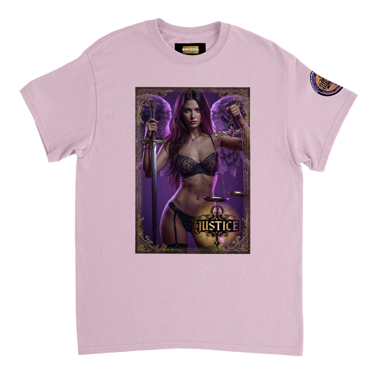 Justice Angel heavyweight unisex streetwear T-shirt featuring a powerful female winged angel holding a sword and balanced scales in a bold graphic design