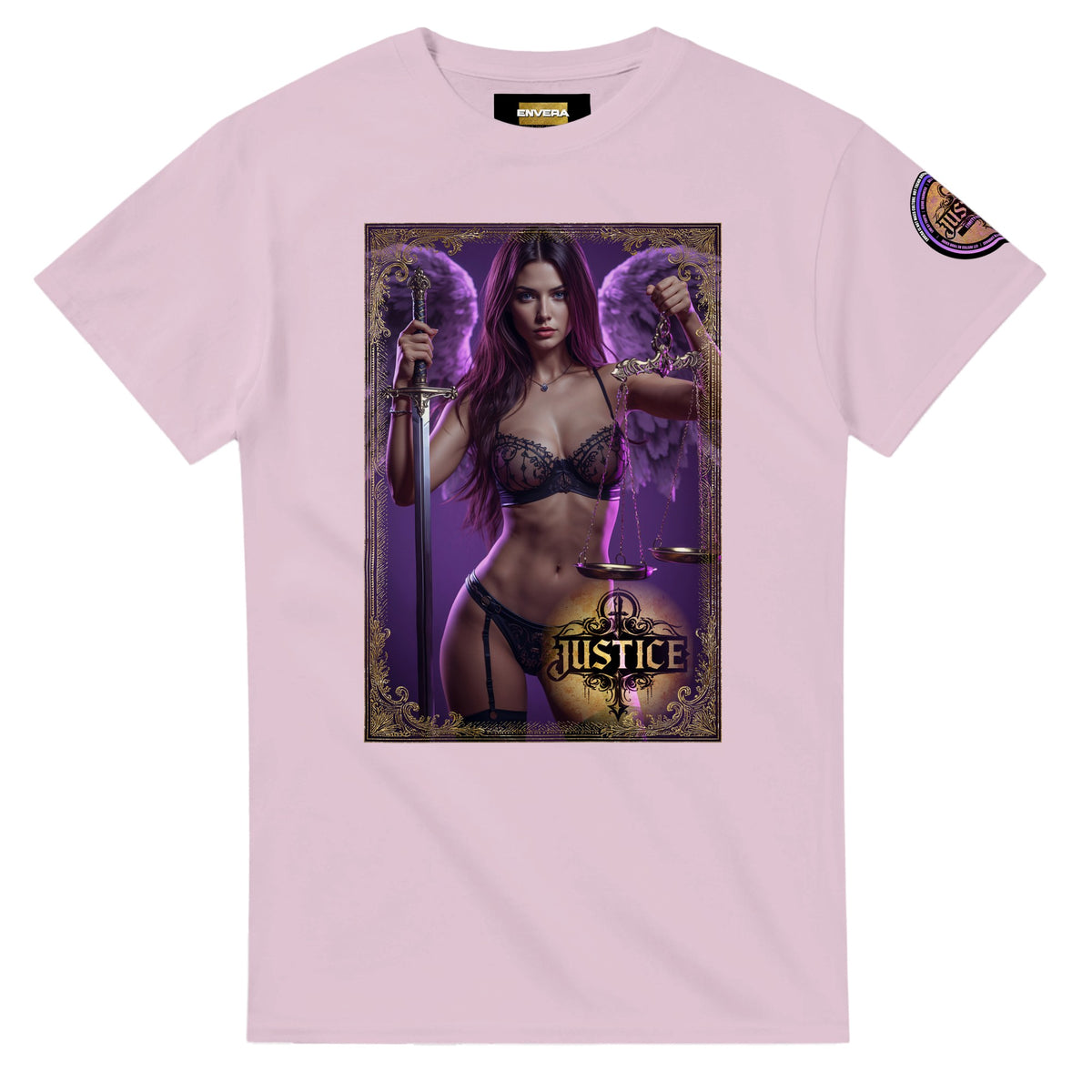 Justice Angel heavyweight unisex streetwear T-shirt featuring a powerful female winged angel holding a sword and balanced scales in a bold graphic design
