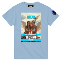 Heavenly Techno Angels unisex streetwear t-shirt featuring cloud DJ girls graphic with techno rave theme and “we are spinning techno up here” design