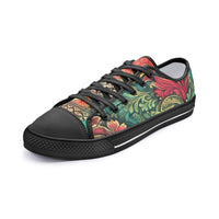 Bohemian canvas sneakers with floral and ornamental textile-inspired pattern in green, red, and earthy tones