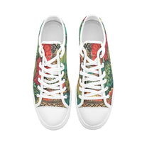 Bohemian canvas sneakers with floral and ornamental textile-inspired pattern in green, red, and earthy tones