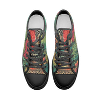 Bohemian canvas sneakers with floral and ornamental textile-inspired pattern in green, red, and earthy tones