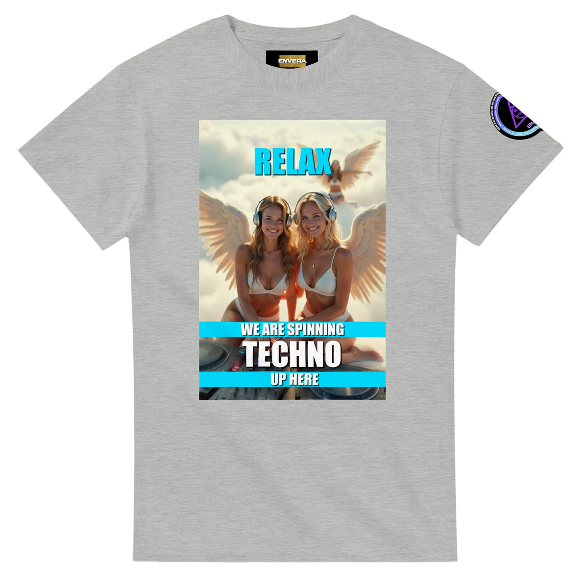 Heavenly Techno Angels unisex streetwear t-shirt featuring cloud DJ girls graphic with techno rave theme and “we are spinning techno up here” design