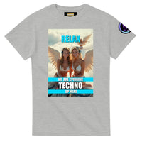 Heavenly Techno Angels unisex streetwear t-shirt featuring cloud DJ girls graphic with techno rave theme and “we are spinning techno up here” design