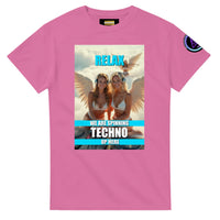 Heavenly Techno Angels unisex streetwear t-shirt featuring cloud DJ girls graphic with techno rave theme and “we are spinning techno up here” design