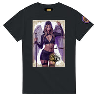 Justice Angel unisex T-shirt featuring a blonde female winged angel with sword and scales in a detailed bold graphic design
