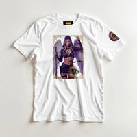 Justice Angel unisex T-shirt featuring a blonde female winged angel with sword and scales in a detailed bold graphic design