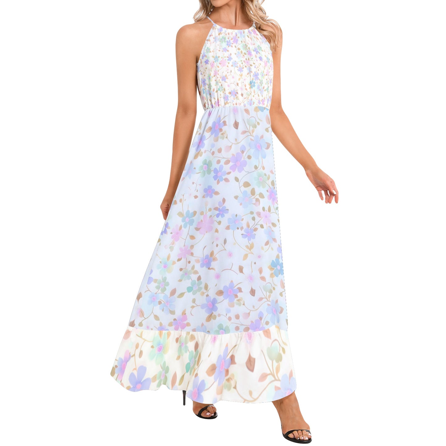 Flowy pastel floral maxi dress with halter neckline, elastic waist, and ruffle hem – perfect for effortless summer elegance | White & blue