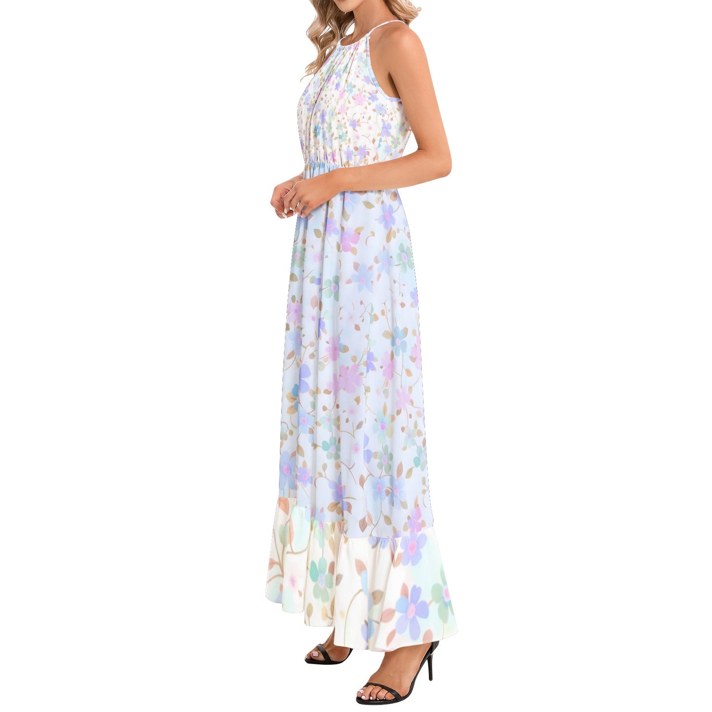 Flowy pastel floral maxi dress with halter neckline, elastic waist, and ruffle hem – perfect for effortless summer elegance | White & blue