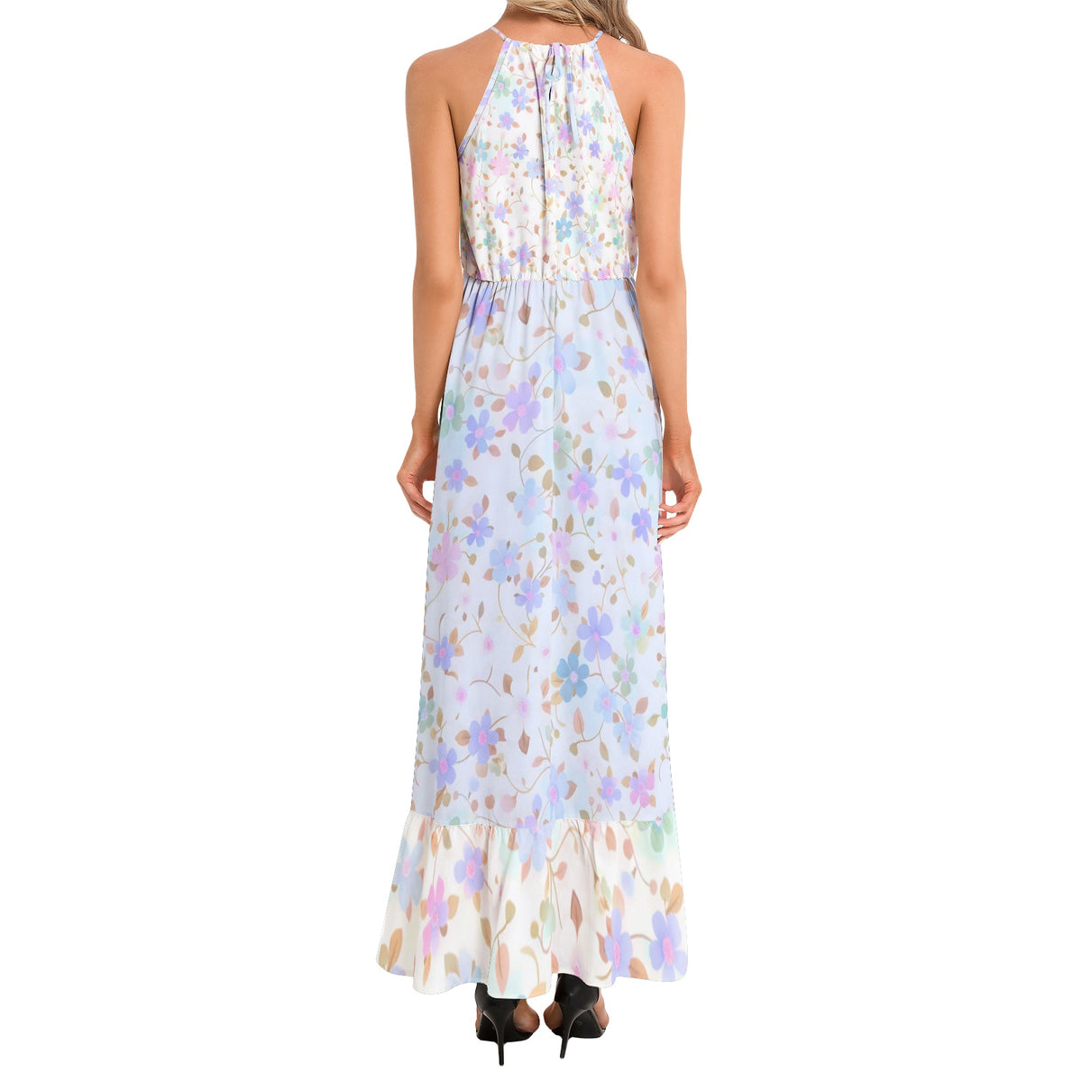 Women's pastel floral halter neck maxi dress with lavender, sky blue, blush pink, and mint botanical print