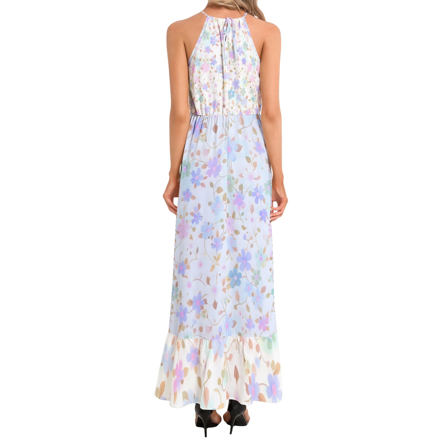 Flowy pastel floral maxi dress with halter neckline, elastic waist, and ruffle hem – perfect for effortless summer elegance | White & blue