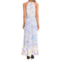 Women's pastel floral halter neck maxi dress with lavender, sky blue, blush pink, and mint botanical print