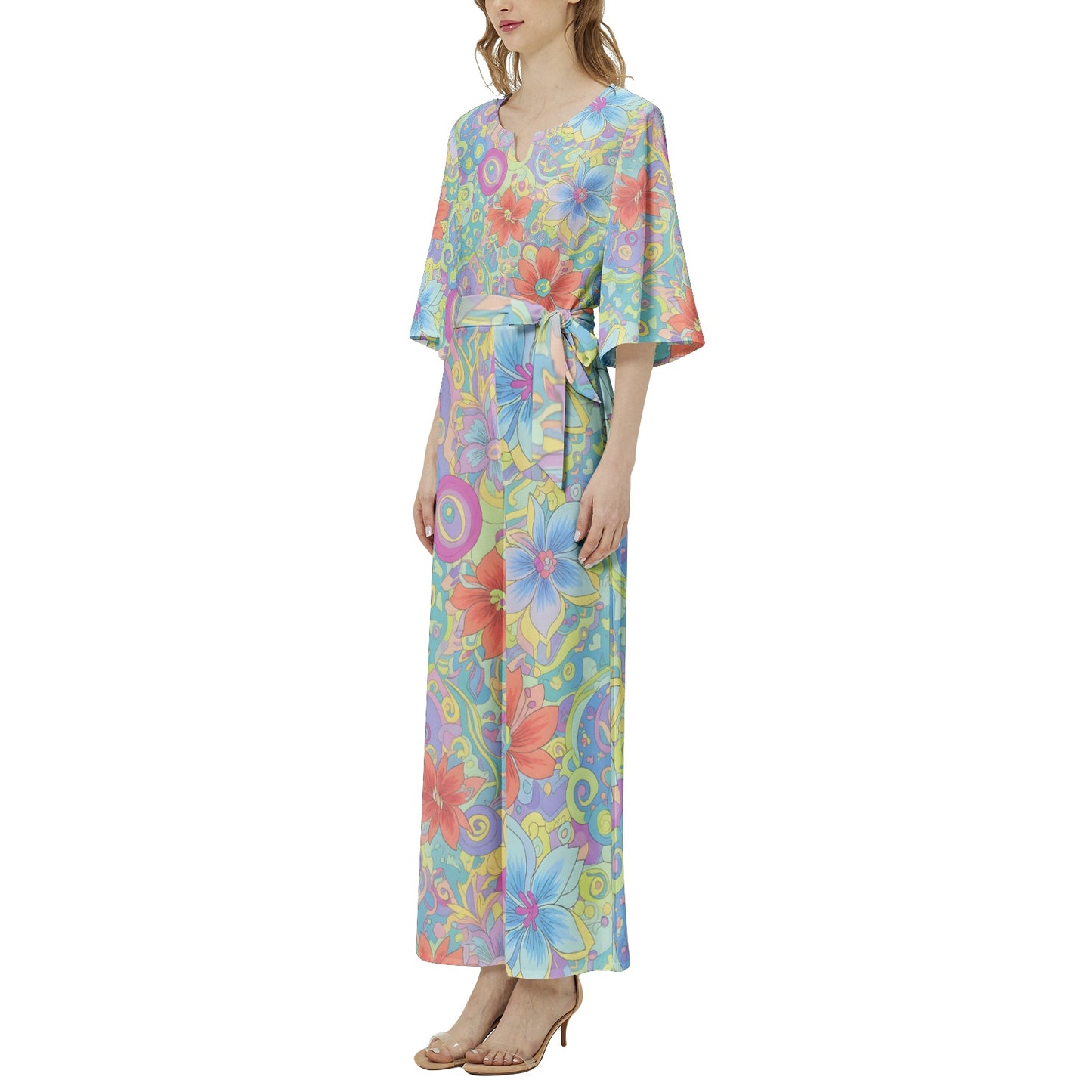 60s Ibiza Style Floral Jumpsuit – Boho Chic Summer Jumpsuit | Wide Leg Jumpsuit | Summer Jumpsuit | Dolman Sleeve