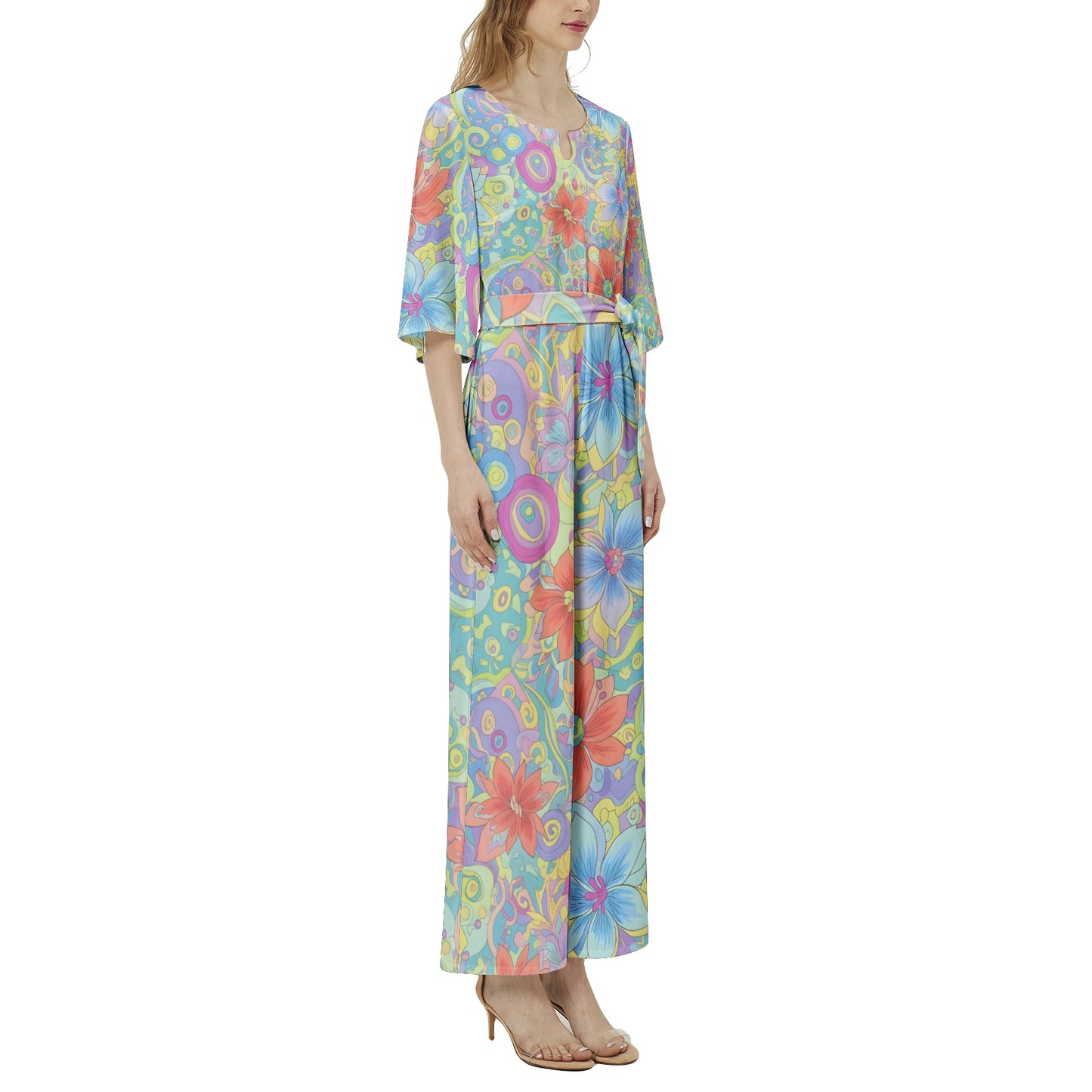 60s Ibiza Style Floral Jumpsuit – Boho Chic Summer Jumpsuit | Wide Leg Jumpsuit | Summer Jumpsuit | Dolman Sleeve