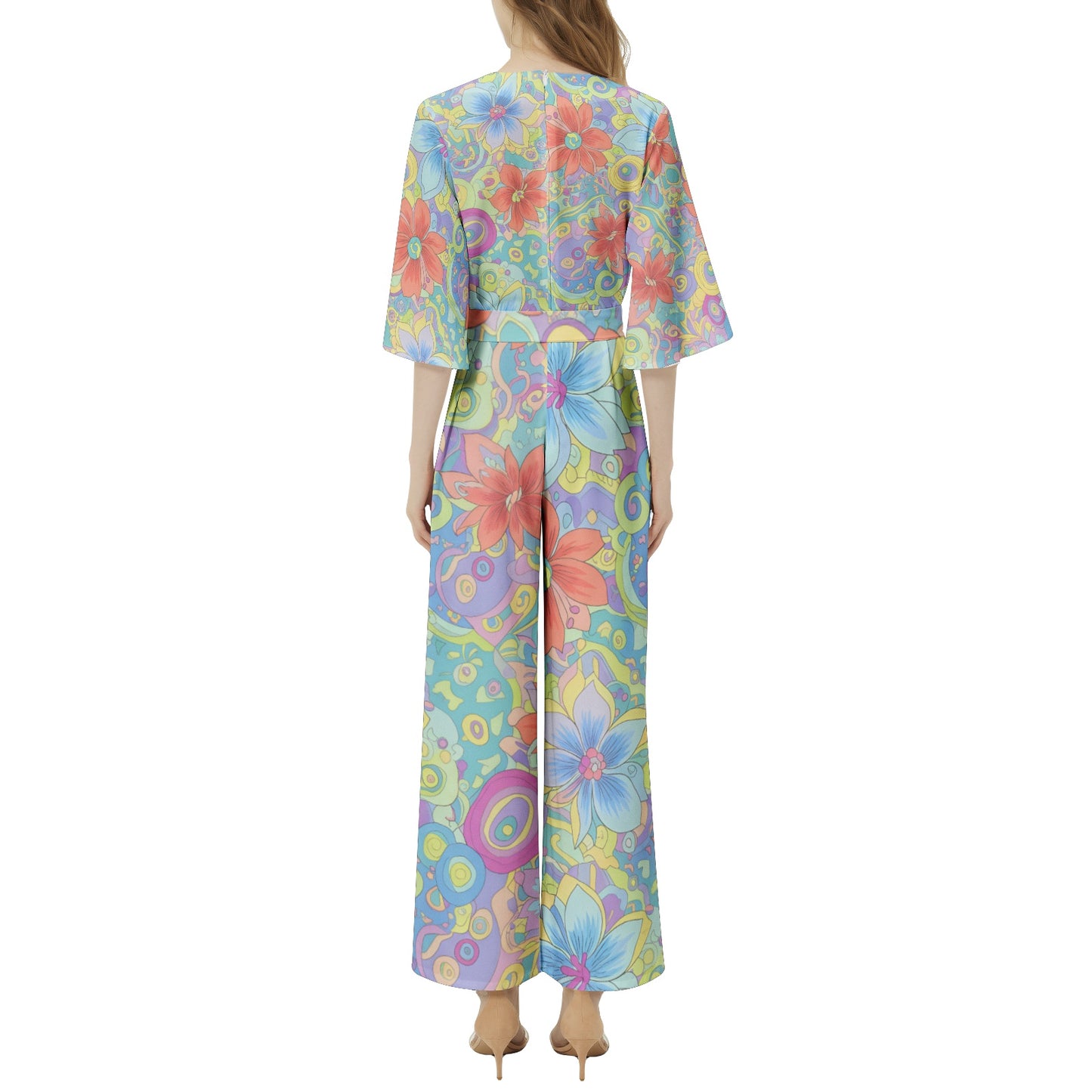 60s Ibiza Style Floral Jumpsuit – Boho Chic Summer Jumpsuit | Wide Leg Jumpsuit | Summer Jumpsuit | Dolman Sleeve