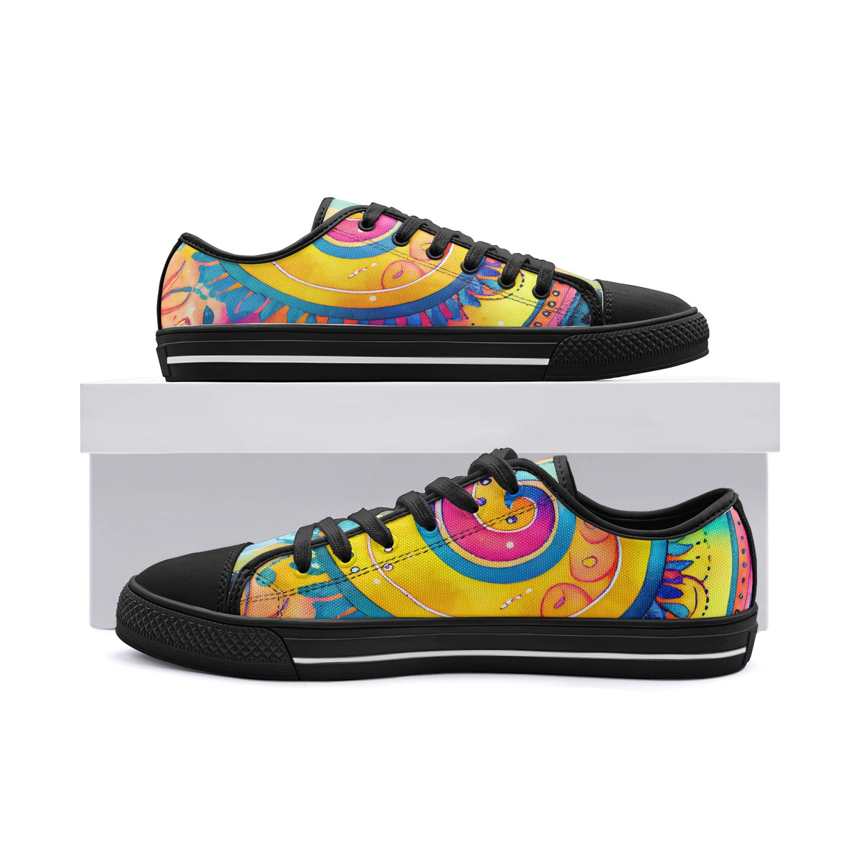 Low-top canvas shoes featuring a bold psychedelic abstract print in vibrant shades of blue, pink, purple, orange, and yellow. Modern designer sneakers with colorful swirling artwork, white laces, white rubber soles, and a contemporary streetwear aesthetic