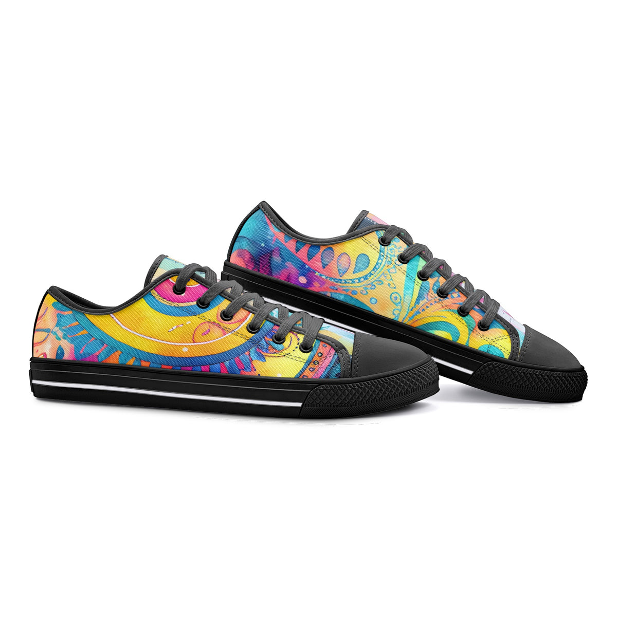 Low-top canvas shoes featuring a bold psychedelic abstract print in vibrant shades of blue, pink, purple, orange, and yellow. Modern designer sneakers with colorful swirling artwork, white laces, white rubber soles, and a contemporary streetwear aesthetic