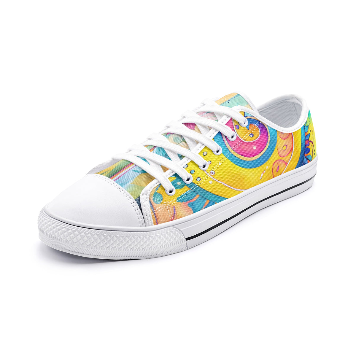 Low-top canvas shoes featuring a bold psychedelic abstract print in vibrant shades of blue, pink, purple, orange, and yellow. Modern designer sneakers with colorful swirling artwork, white laces, white rubber soles, and a contemporary streetwear aesthetic