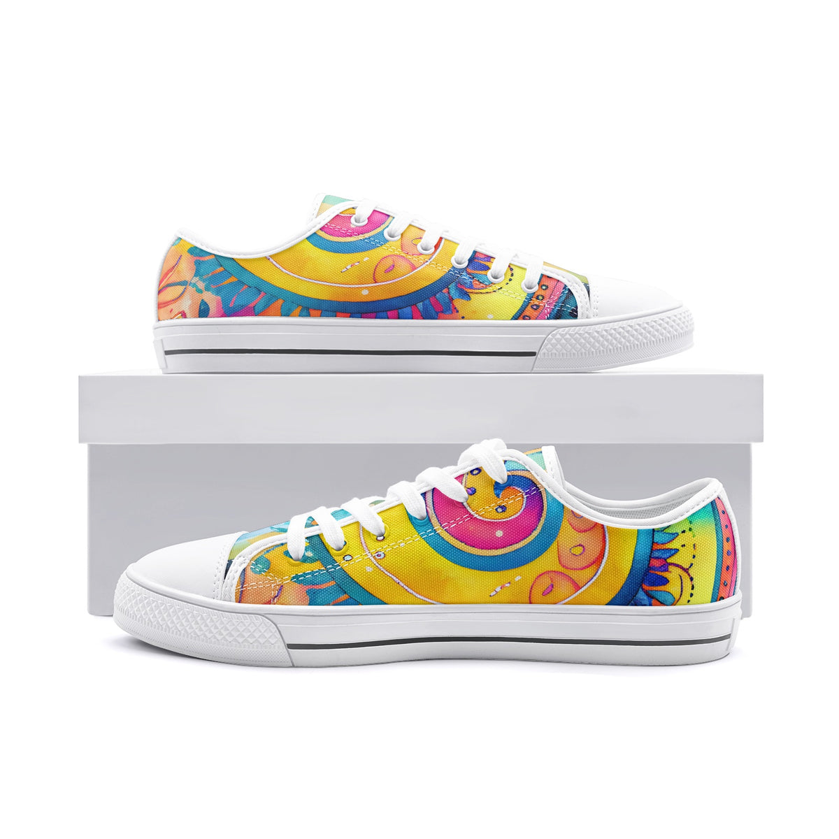 Low-top canvas shoes featuring a bold psychedelic abstract print in vibrant shades of blue, pink, purple, orange, and yellow. Modern designer sneakers with colorful swirling artwork, white laces, white rubber soles, and a contemporary streetwear aesthetic