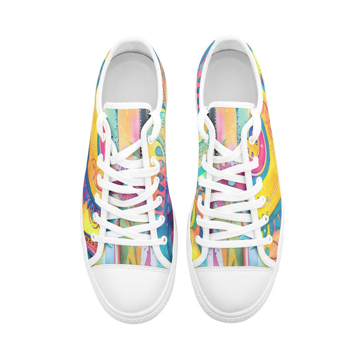 Low-top canvas shoes featuring a bold psychedelic abstract print in vibrant shades of blue, pink, purple, orange, and yellow. Modern designer sneakers with colorful swirling artwork, white laces, white rubber soles, and a contemporary streetwear aesthetic