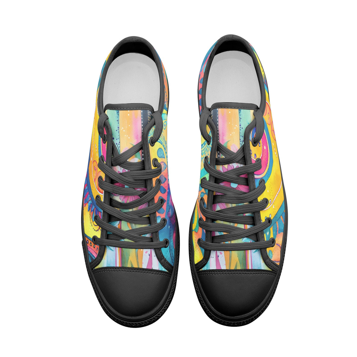 Low-top canvas shoes featuring a bold psychedelic abstract print in vibrant shades of blue, pink, purple, orange, and yellow. Modern designer sneakers with colorful swirling artwork, white laces, white rubber soles, and a contemporary streetwear aesthetic
