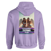 Unisex Techno Angels hoodie with cloud DJ girls mixing techno music, EDM festival-inspired streetwear graphic