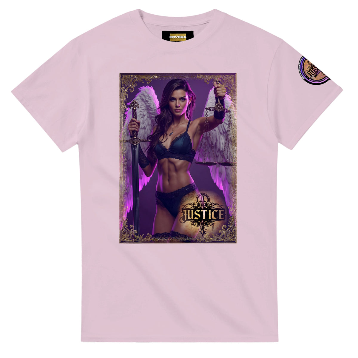 Justice Angel unisex T-shirt featuring a brunette female winged angel with sword and scales in a detailed bold graphic design