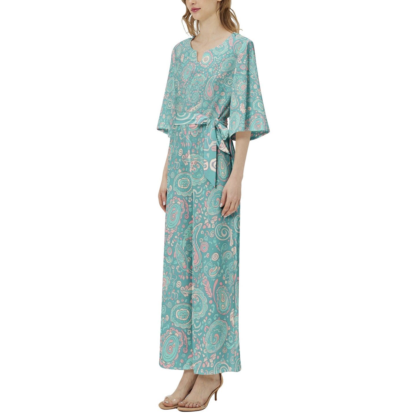 60s Ibiza Style Paisley Jumpsuit – Boho Summer Jumpsuit in Turquoise Pastel Print | Wide Leg Jumpsuit | Summer Jumpsuit | Dolman Sleeve