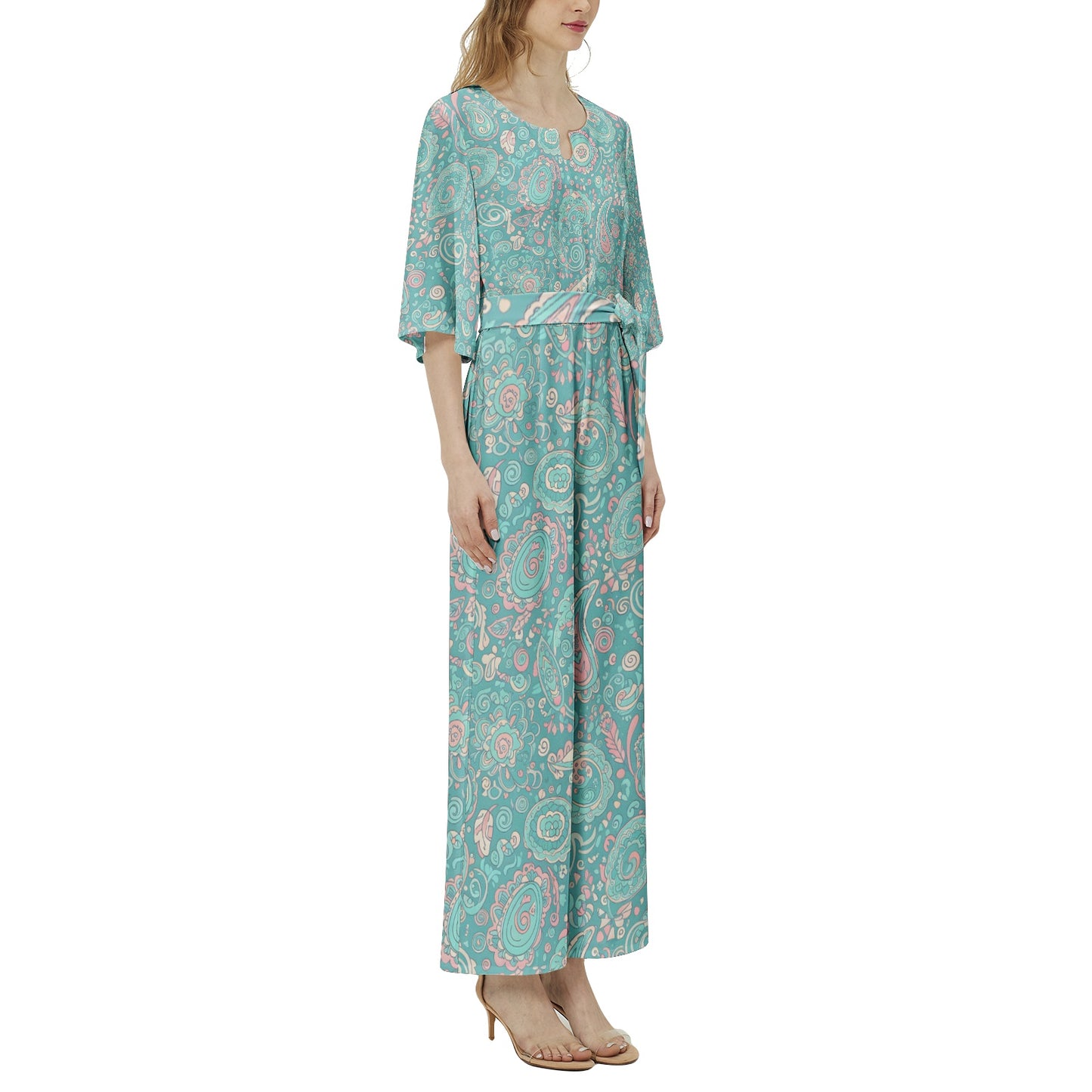 60s Ibiza Style Paisley Jumpsuit – Boho Summer Jumpsuit in Turquoise Pastel Print | Wide Leg Jumpsuit | Summer Jumpsuit | Dolman Sleeve
