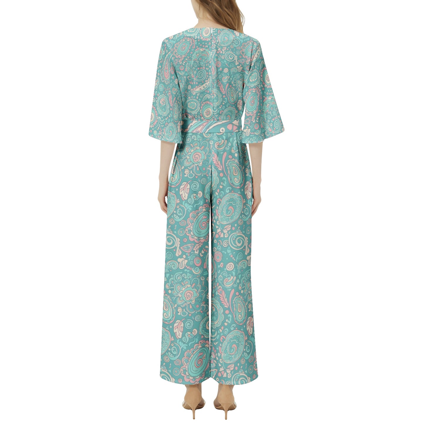 60s Ibiza Style Paisley Jumpsuit – Boho Summer Jumpsuit in Turquoise Pastel Print | Wide Leg Jumpsuit | Summer Jumpsuit | Dolman Sleeve