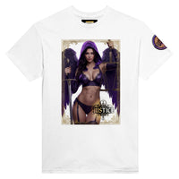 Justice Angel unisex T-shirt featuring a brunette female winged angel with sword and scales in a detailed bold graphic design
