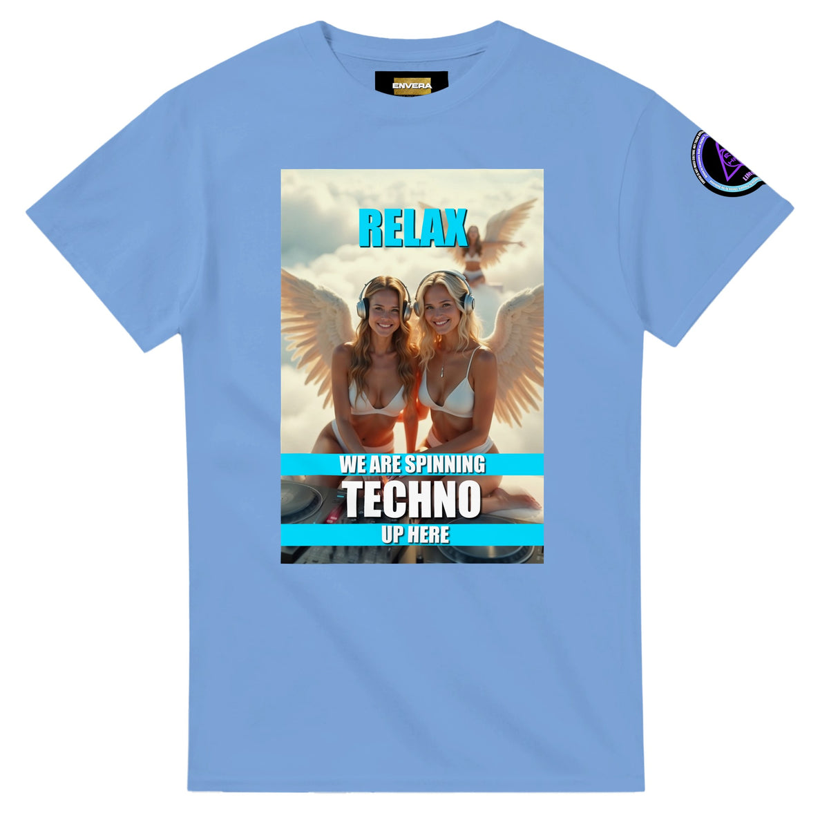 Heavenly Techno Angels unisex streetwear t-shirt featuring cloud DJ girls graphic with techno rave theme and “we are spinning techno up here” design