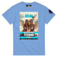 Heavenly Techno Angels unisex streetwear t-shirt featuring cloud DJ girls graphic with techno rave theme and “we are spinning techno up here” design