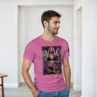 Justice Angel unisex T-shirt featuring a powerful blonde female winged angel holding a sword and balanced scales in a bold graphic design