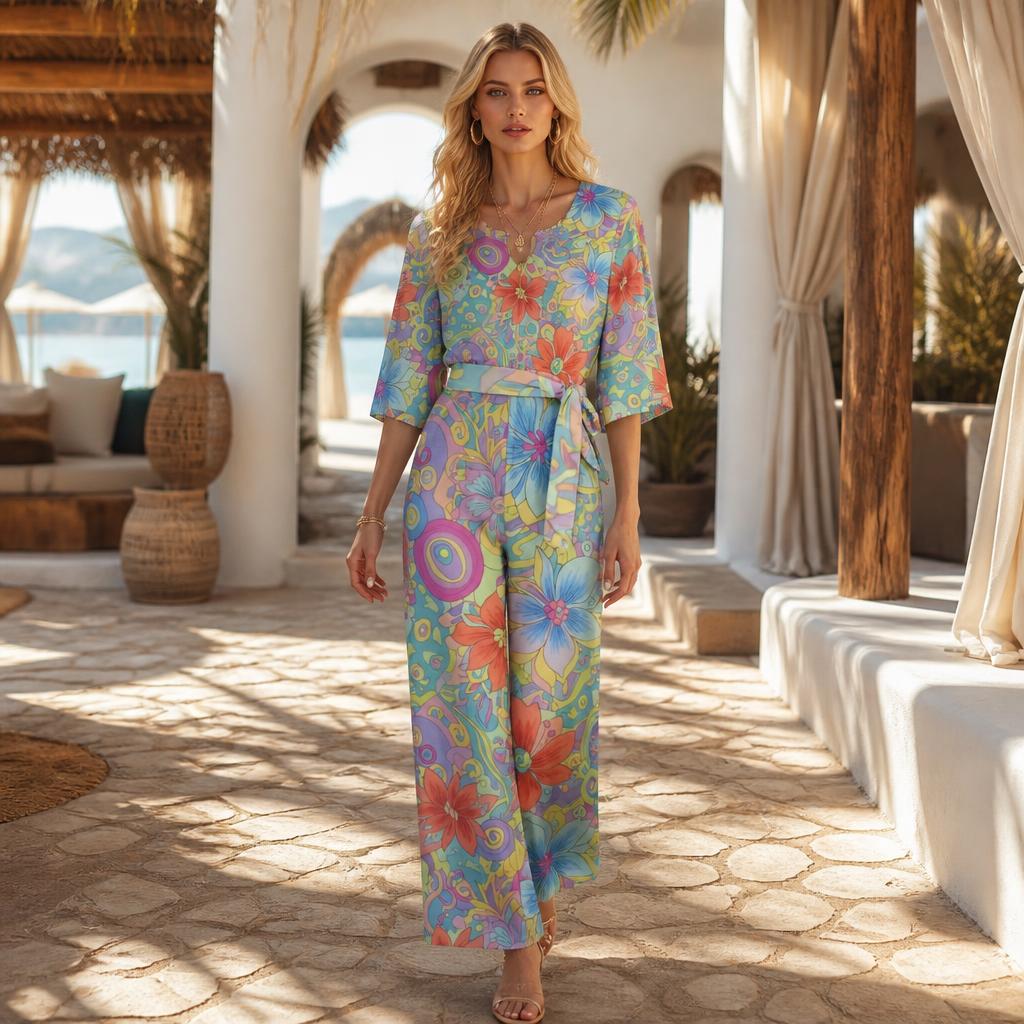 60s Ibiza Style Floral Jumpsuit – Boho Chic Summer Jumpsuit | Wide Leg Jumpsuit | Summer Jumpsuit | Dolman Sleeve