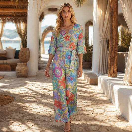 60s Ibiza Style Floral Jumpsuit – Boho Chic Summer Jumpsuit | Wide Leg Jumpsuit | Summer Jumpsuit | Dolman Sleeve