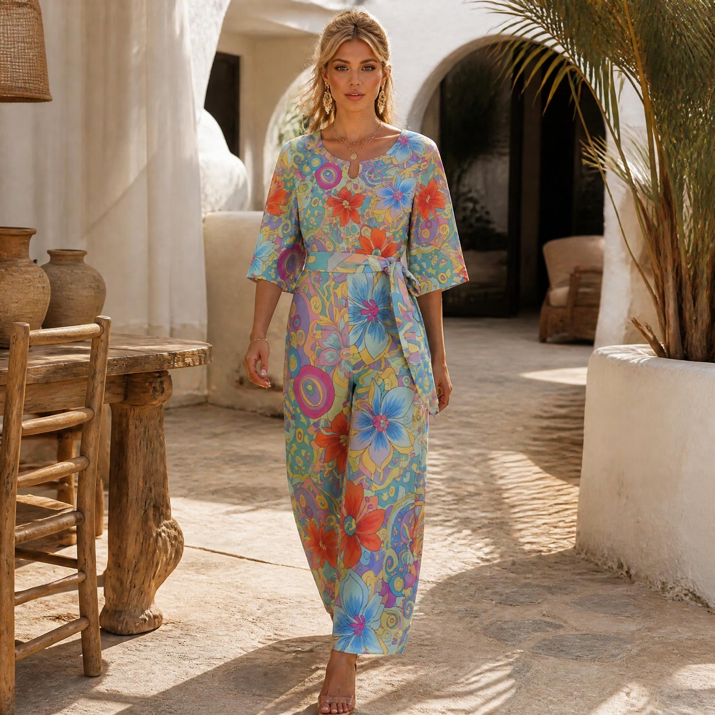 60s Ibiza Style Floral Jumpsuit – Boho Chic Summer Jumpsuit | Wide Leg Jumpsuit | Summer Jumpsuit | Dolman Sleeve