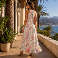 Boho Paisley Floral Maxi Dress in Ivory, Pink & Turquoise | Halter Neck Bohemian Summer Dress | Flowy Festival Vacation Maxi