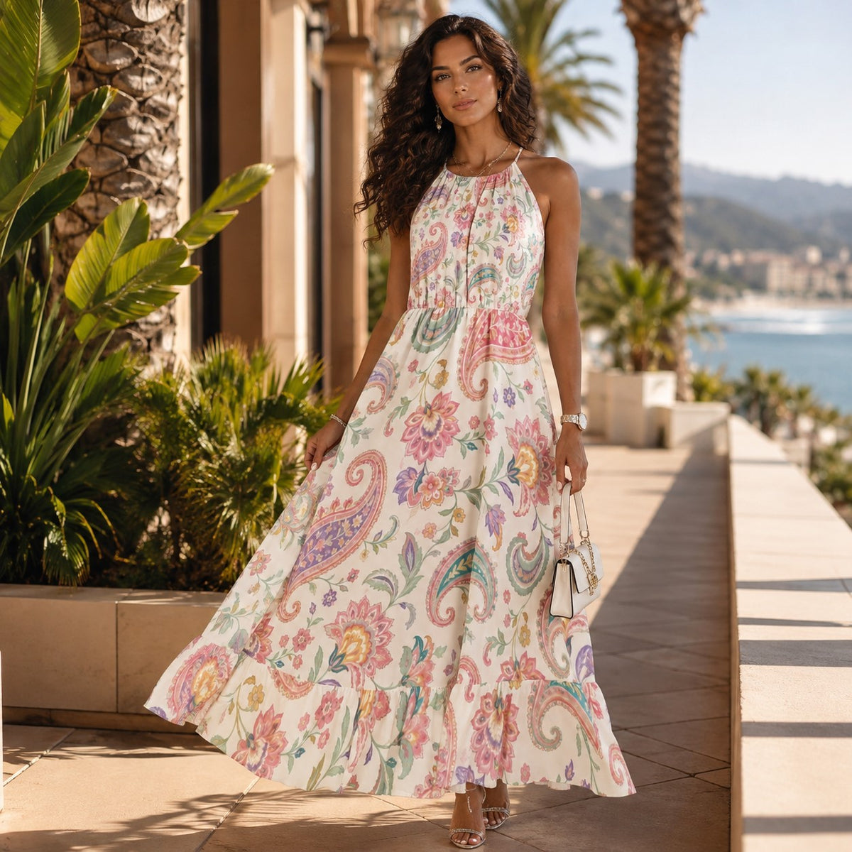 Boho Paisley Floral Maxi Dress in Ivory, Pink & Turquoise | Halter Neck Bohemian Summer Dress | Flowy Festival Vacation Maxi