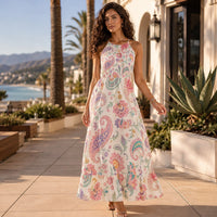 Boho Paisley Floral Maxi Dress in Ivory, Pink & Turquoise | Halter Neck Bohemian Summer Dress | Flowy Festival Vacation Maxi