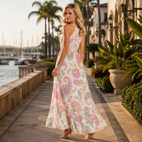 Boho Paisley Floral Maxi Dress in Ivory, Pink & Turquoise | Halter Neck Bohemian Summer Dress | Flowy Festival Vacation Maxi