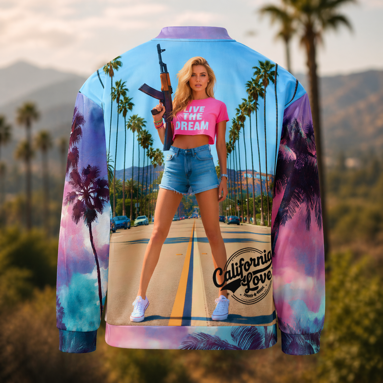 California Love Unisex Bomber Jacket | Psychedelic Palm Tree All-Over Print | Streetwear Unisex Bomber Jacket
