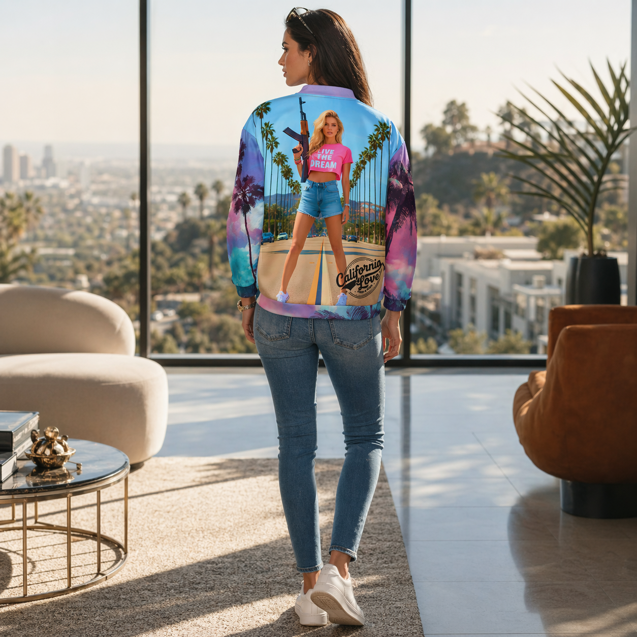 California Love Unisex Bomber Jacket | Psychedelic Palm Tree All-Over Print | Streetwear Unisex Bomber Jacket