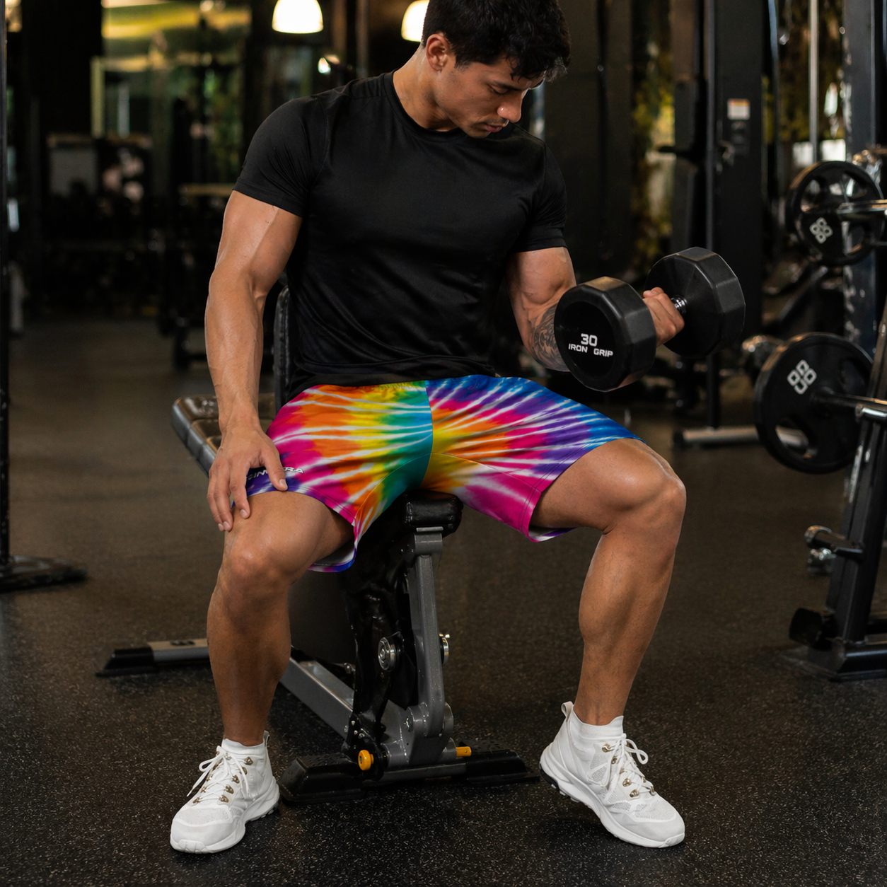 Long Sports Shorts – Tie-Dye Rainbow Spiral Design