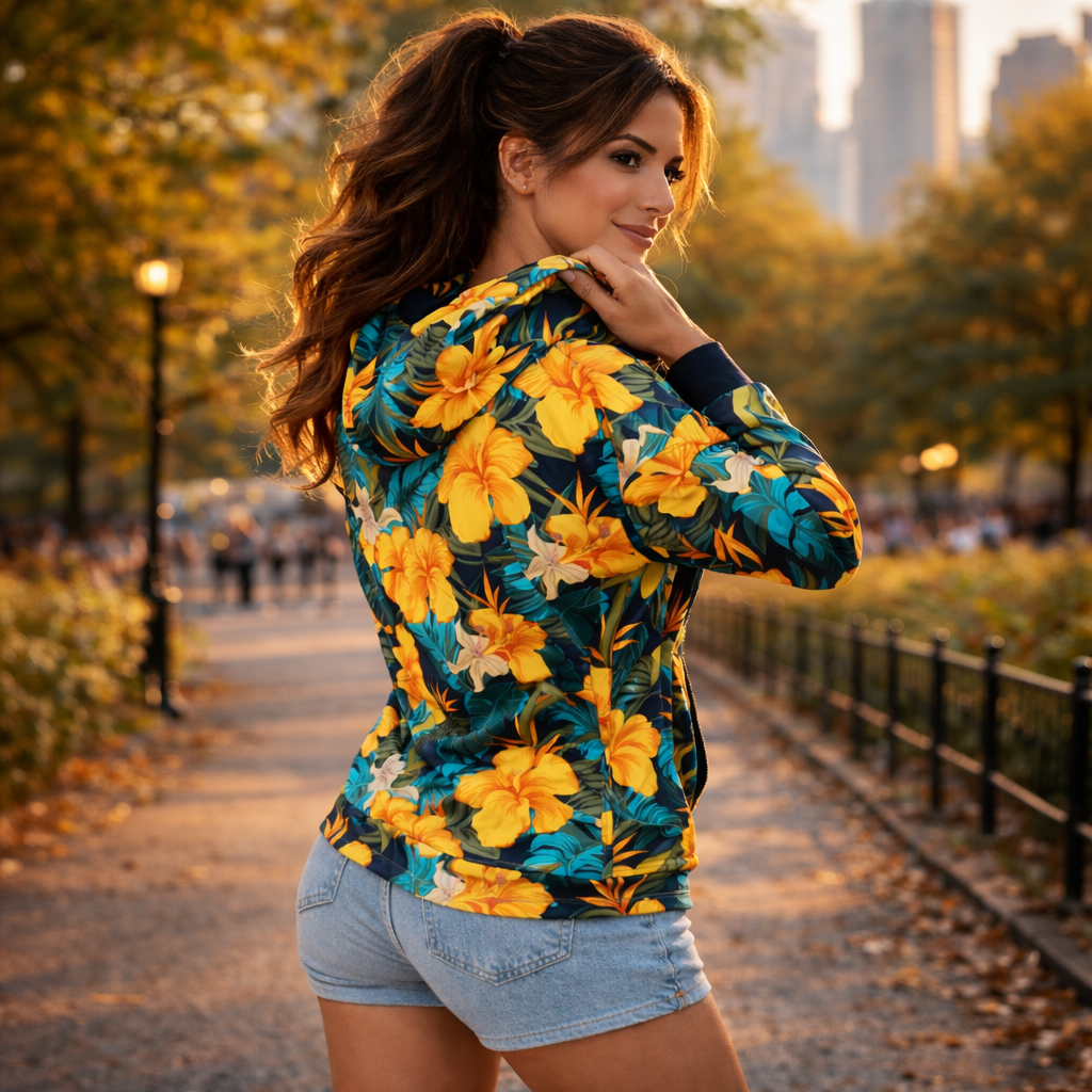 VIBRANT REBEL Tropical floral streetwear zip hoodie, vibrant all-over print, eye-catching design, standout fashion | Trendy design