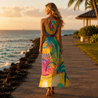 Colorful psychedelic paisley maxi dress with turquoise yellow pink and orange print halter neckline and ruffle hem
